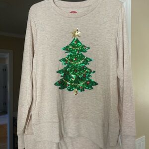 Holiday Time Cream Top with Green Sequin Christmas Tree